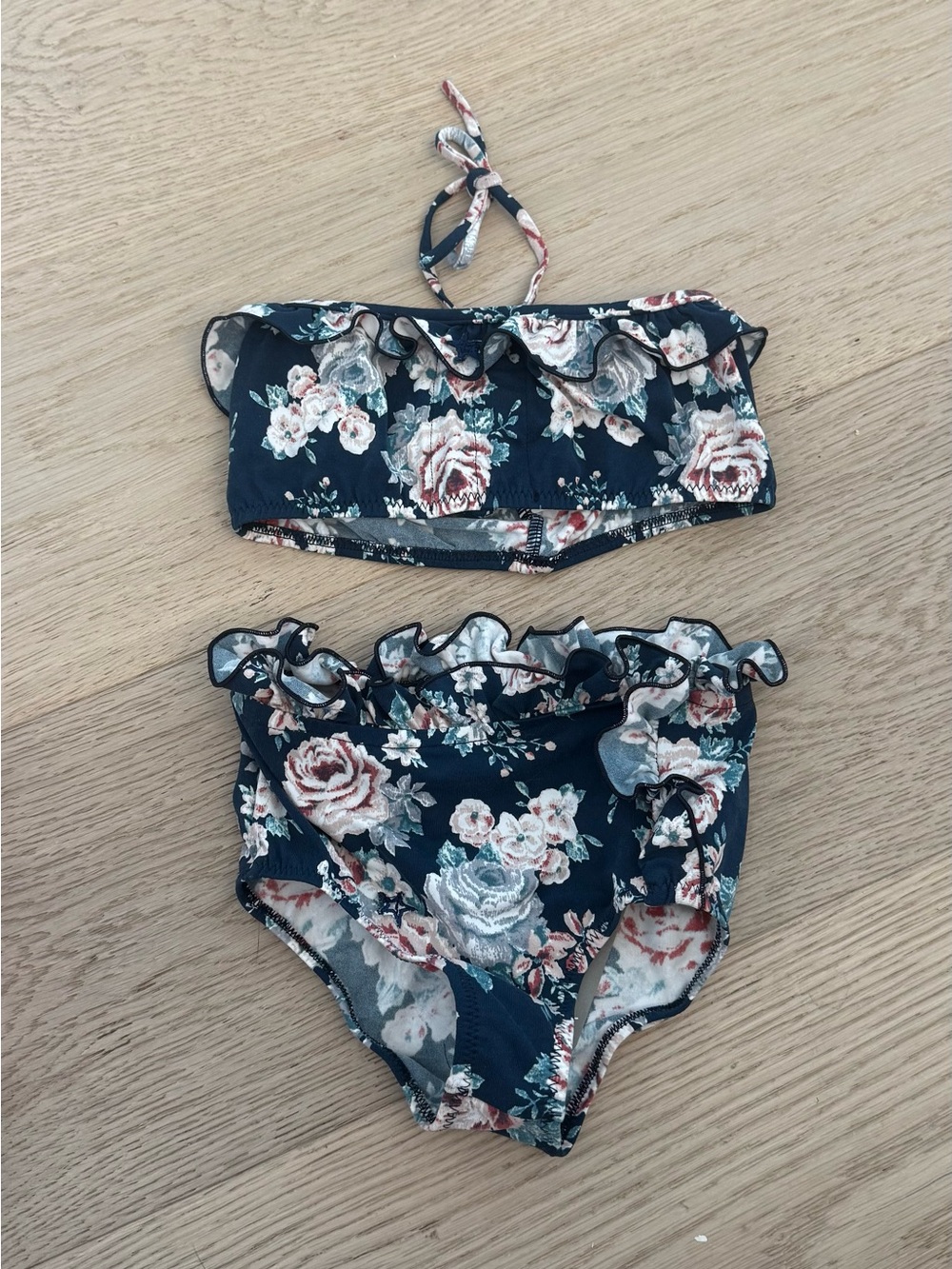 Tocoto Floral Ruffle Two-Piece Bikini - Navy Background with Pink & Cream Roses